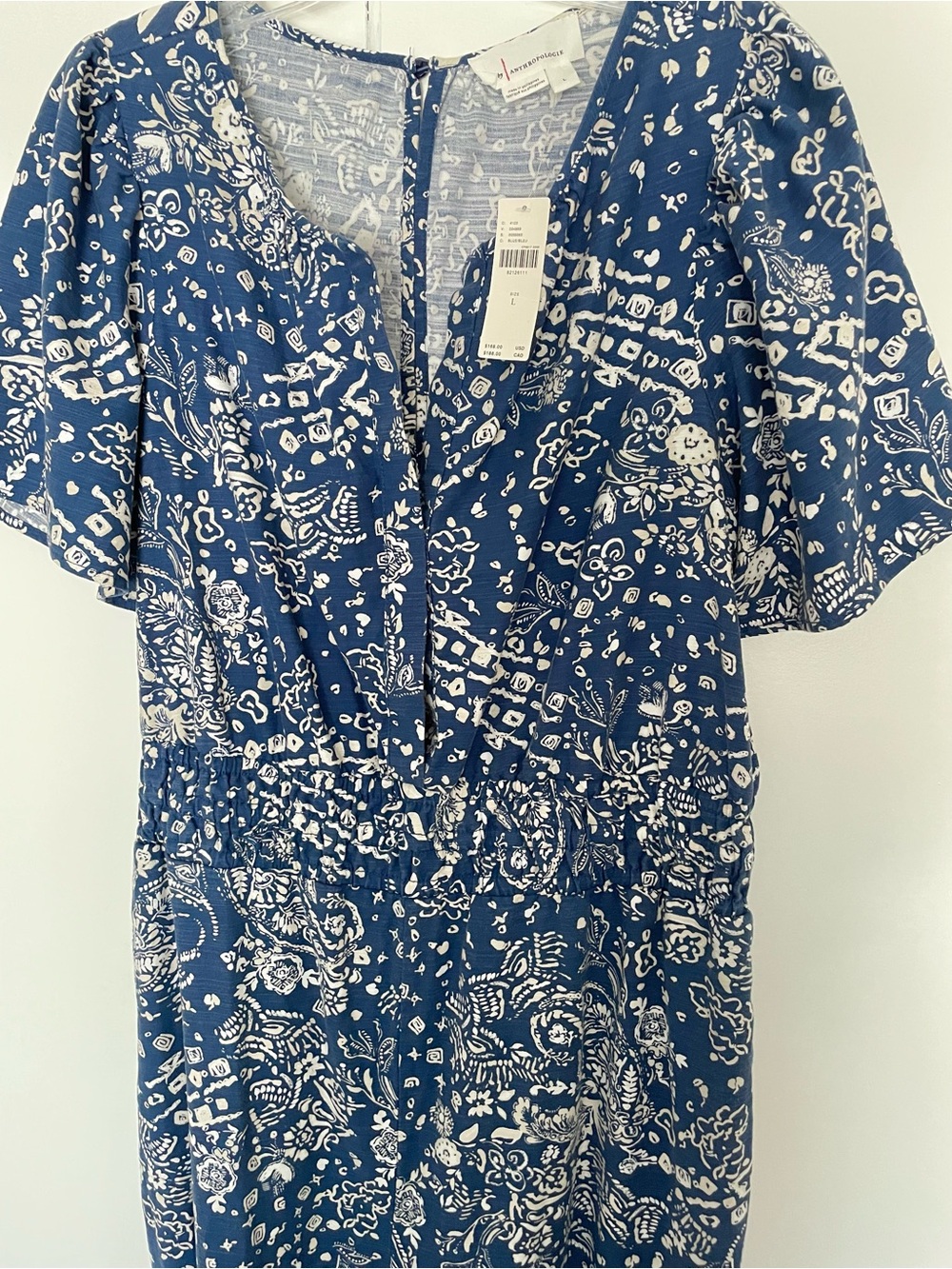 Anthropologie The Somerset Wide Leg Jumpsuit Blue White Floral L Short Sleeve - Picture 6 of 16
